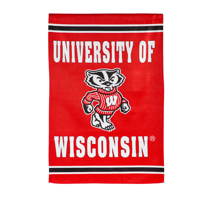 Embossed suede flag, red Wisconsin Badger flag with white text and mascot on Tampa Home & Garden Store