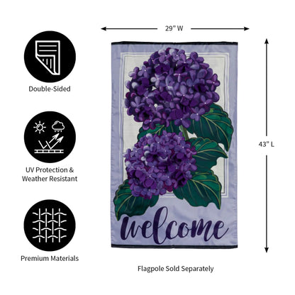 Hydrangea Welcome House applique flag Evergreen Enterprises, hydrangea lavender background on Tampa Home & Garden Store