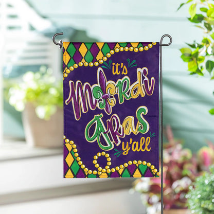 Mardi Gras Y'all Applique Garden Flag by Evergreen Enterprises, purple with green and gold beads on Tampa Home & Garden Store