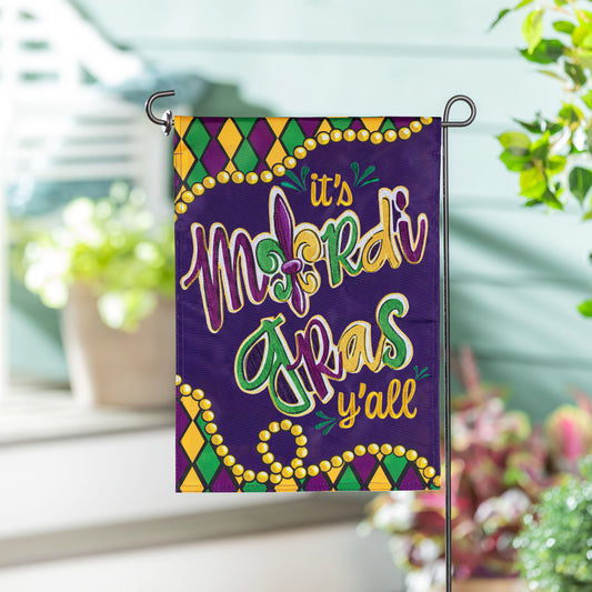 Bandera de jardín con apliques "Es Mardi Gras, chicos"