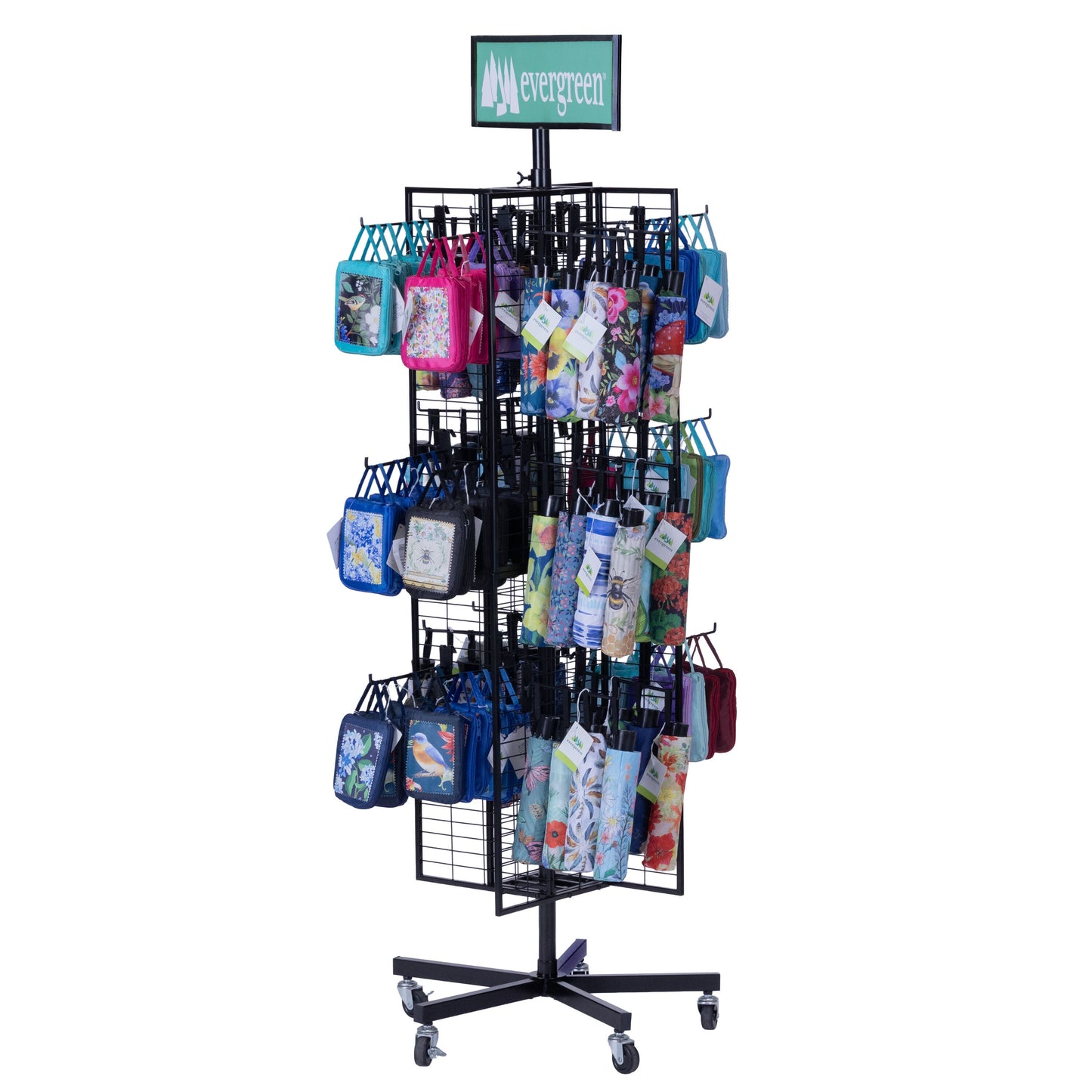 Flag Grid Display with Pinwheel Holder, black metal wheeled stand with flags Evergreen on Tampa Home & Garden Store