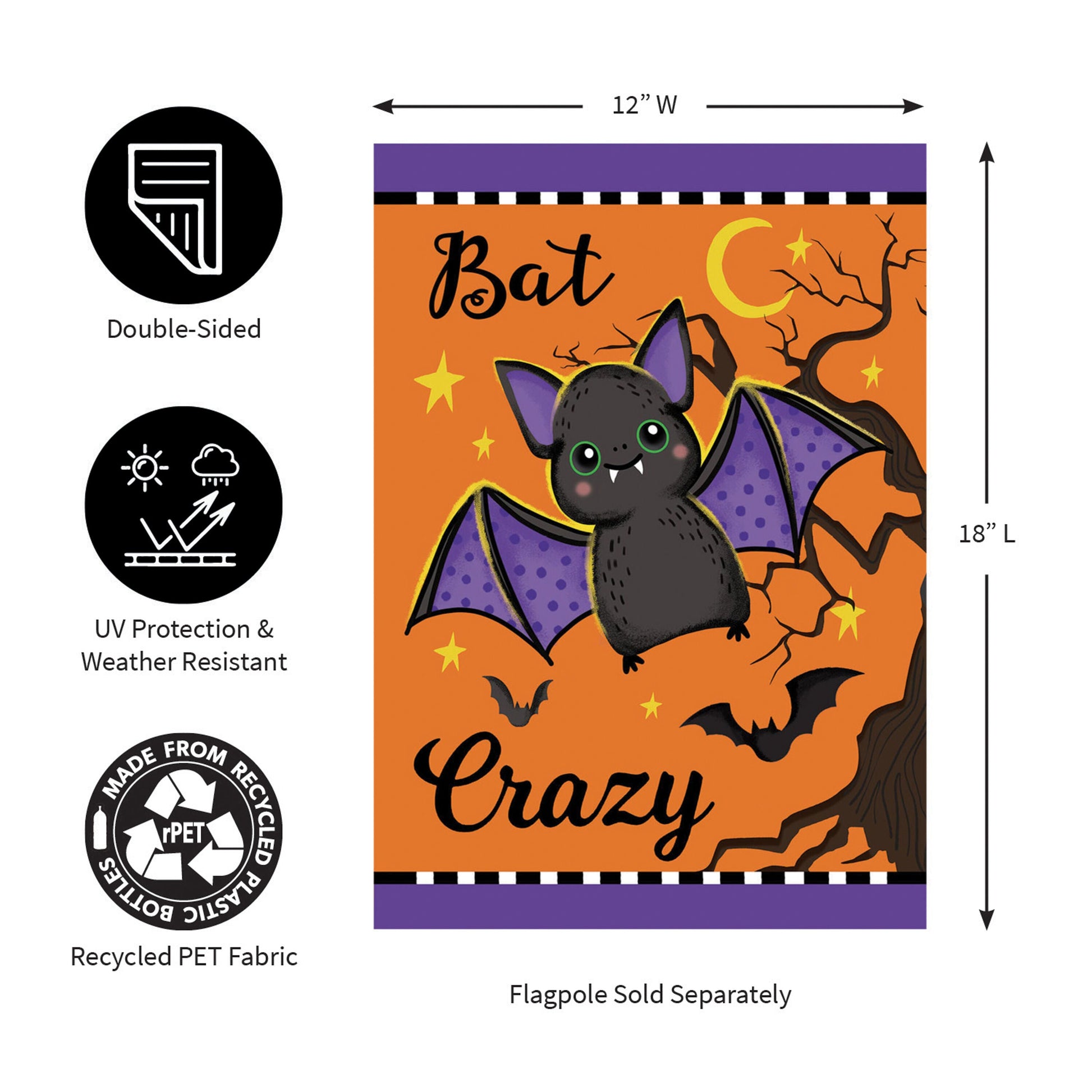 Gone Batty Applique Garden Flag with orange background, purple borders and bat illustration on Tampa Home & Garden Store