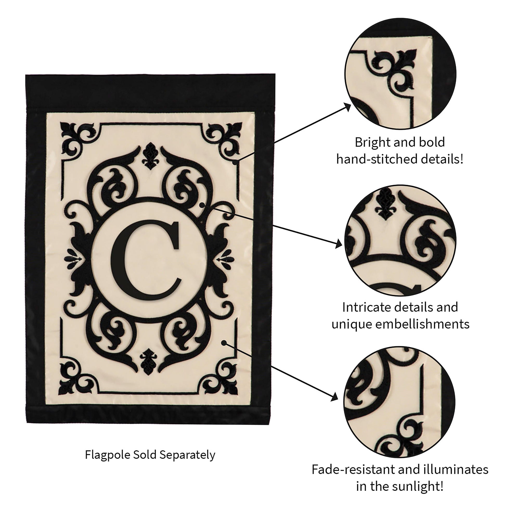 Cambridge Monogram Garden Applique Flag Letter C with ivory field and black ornate border on Tampa Home & Garden Store