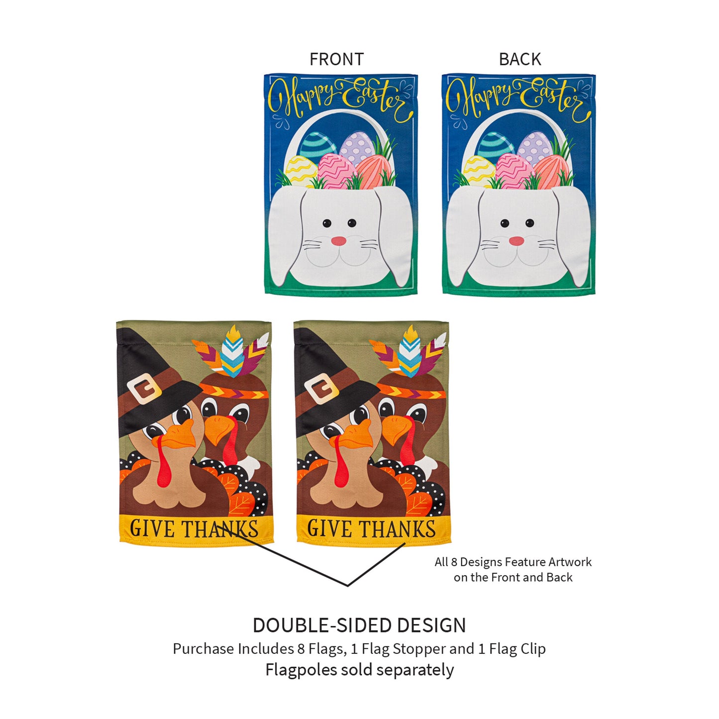Seasonal suede garden flag set of 8 Easter bunny flags with colorful eggs front and back on Tampa Home & Garden Store