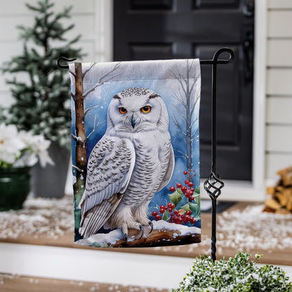 Snow Owl Burlap Garden Flag Evergreen Enterprises wintry woodland design on Tampa Home & Garden Store