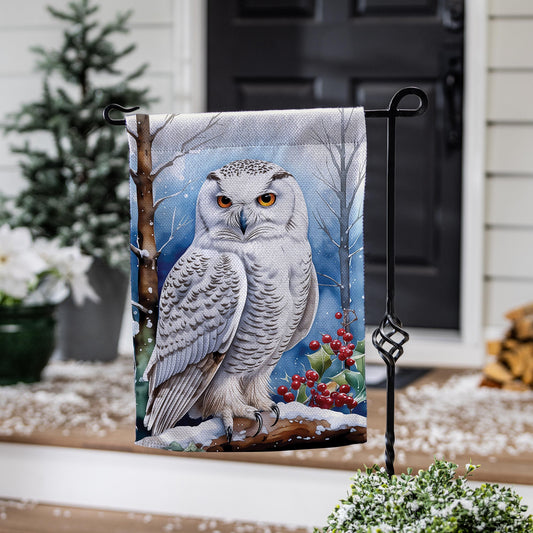 Snow Owl Burlap Garden Flag Evergreen Enterprises wintry woodland design on Tampa Home & Garden Store