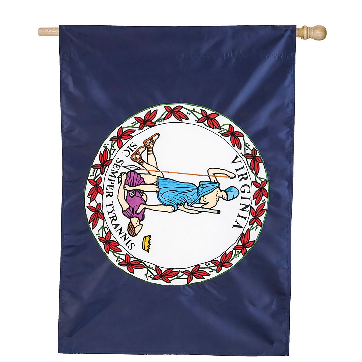 Virginia State Flag Applique Flag navy field with seal and red floral border; wooden rods on Tampa Home & Garden Store
