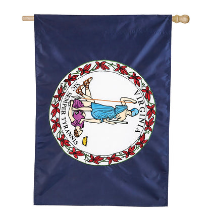 Virginia State Flag Applique Flag navy field with seal and red floral border; wooden rods on Tampa Home & Garden Store