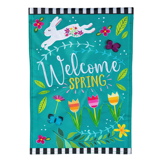 Bandera de jardín con apliques de conejito de bienvenida a la primavera