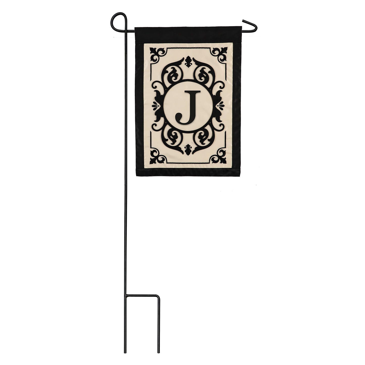 Cambridge Monogram Garden Applique Flag Letter J with cream panel and black ornate border on Tampa Home & Garden Store