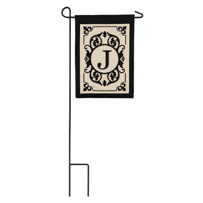 Cambridge Monogram Garden Applique Flag Letter J with cream panel and black ornate border on Tampa Home & Garden Store