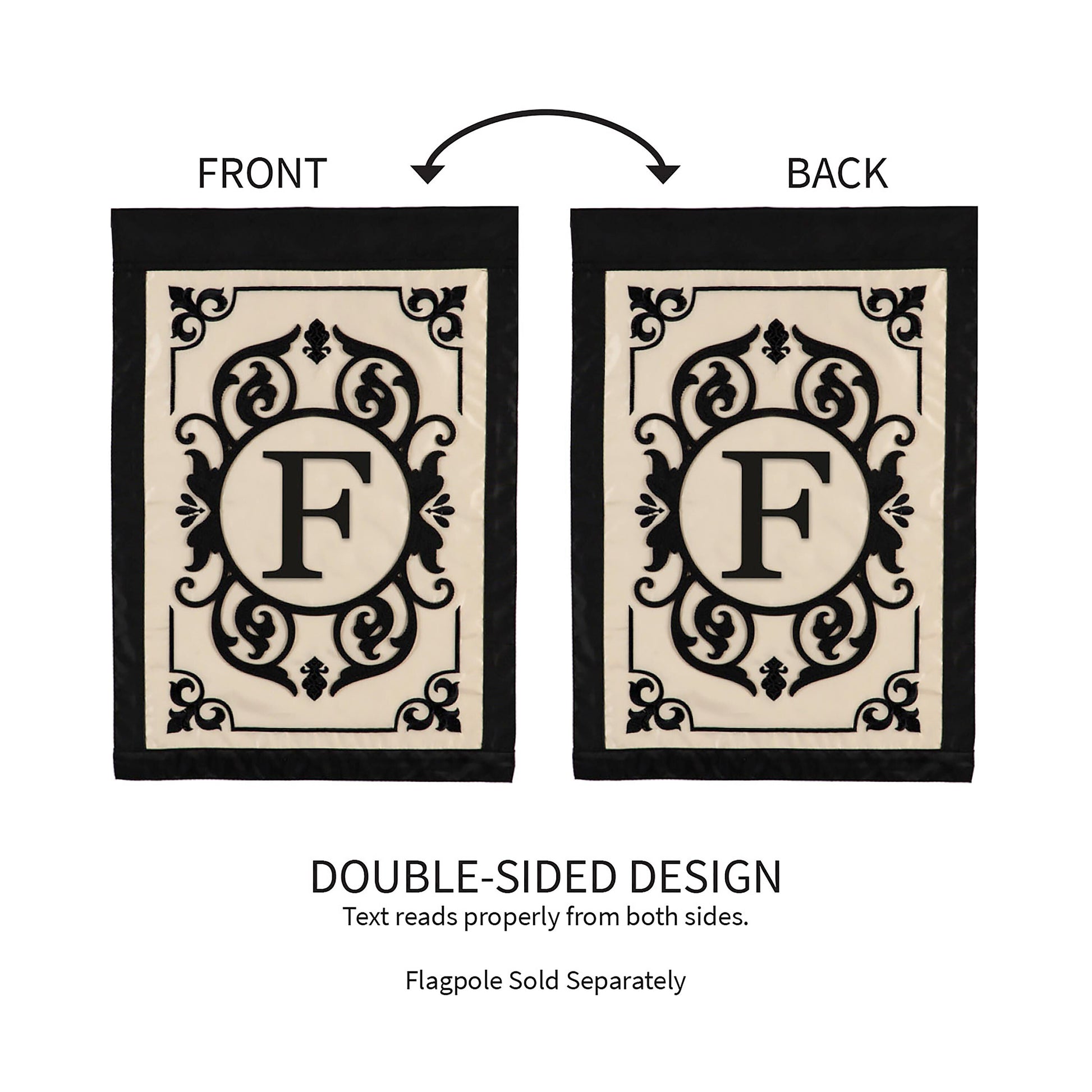 Cambridge Monogram Garden Applique Flag Letter F with black frame, 2 flags, double-sided on Tampa Home & Garden Store