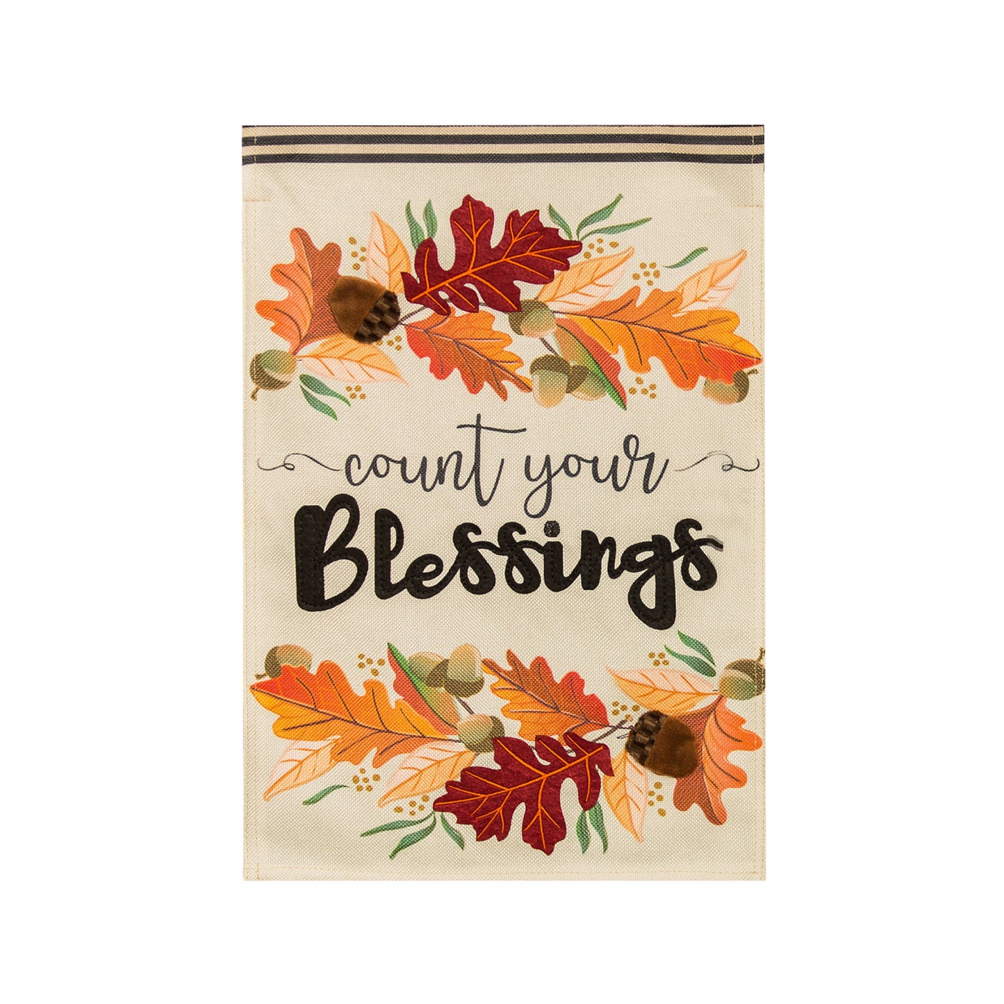 Count Your Blessings garden burlap flag with autumn leaves bouquet on natural burlap on Tampa Home & Garden Store