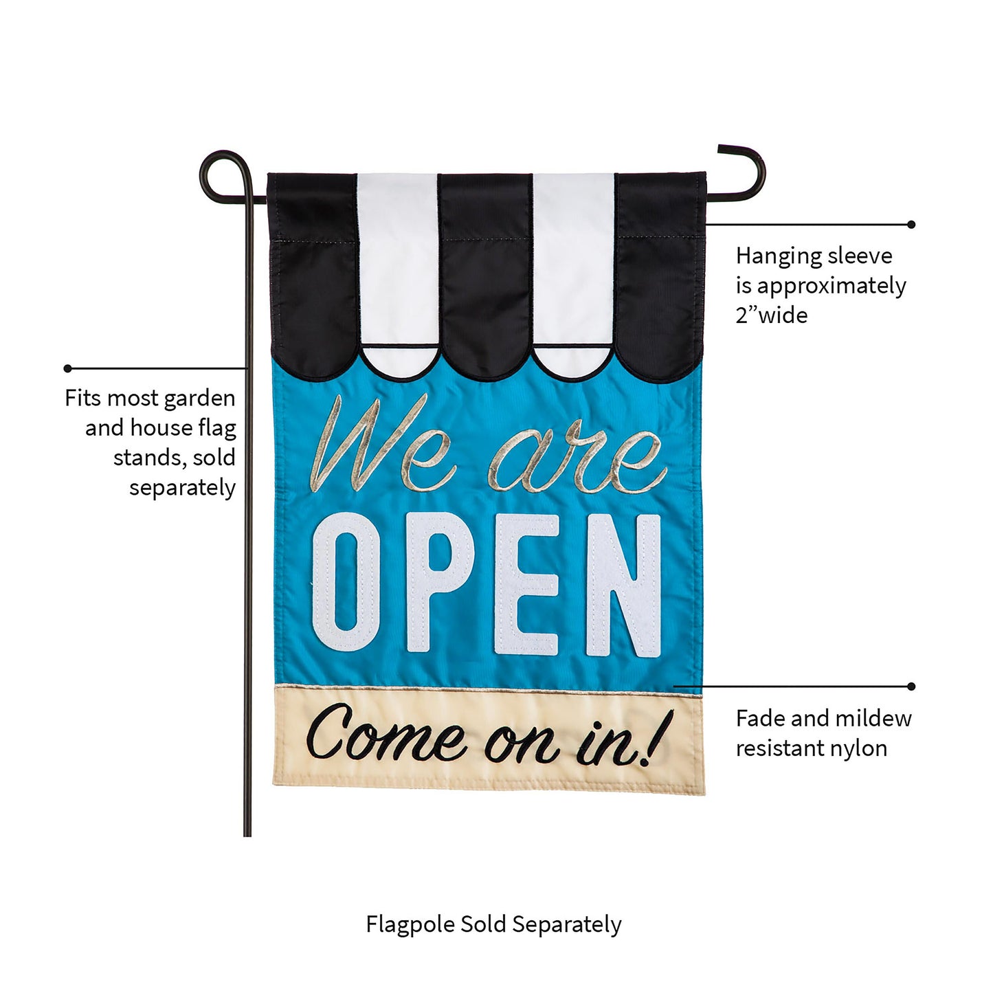 We Are Open applique flag with blue background and large OPEN letters hanging sleeve 2 inch on Tampa Home & Garden Store