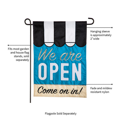 We Are Open applique flag with blue background and large OPEN letters hanging sleeve 2 inch on Tampa Home & Garden Store