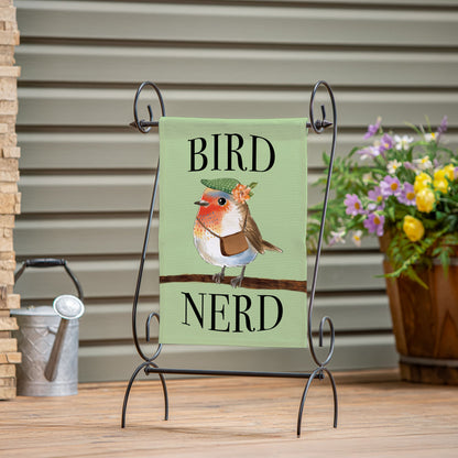 Burlap garden flag Bird Nerd with illustrated bird on light green background on Tampa Home & Garden Store
