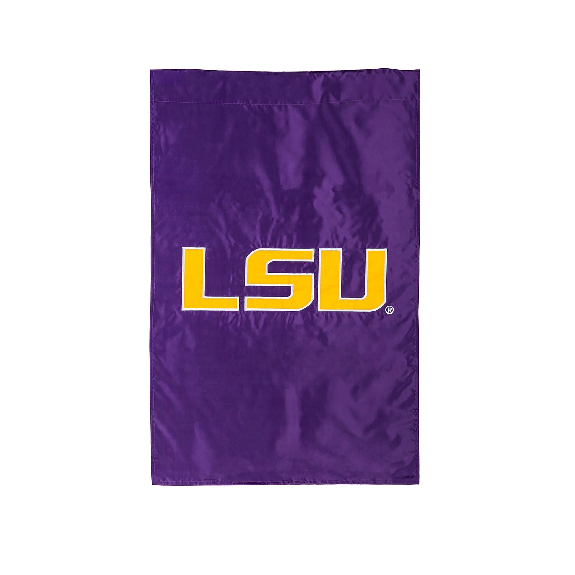 Louisiana State University applique house flag, purple with yellow LSU letters on Tampa Home & Garden Store