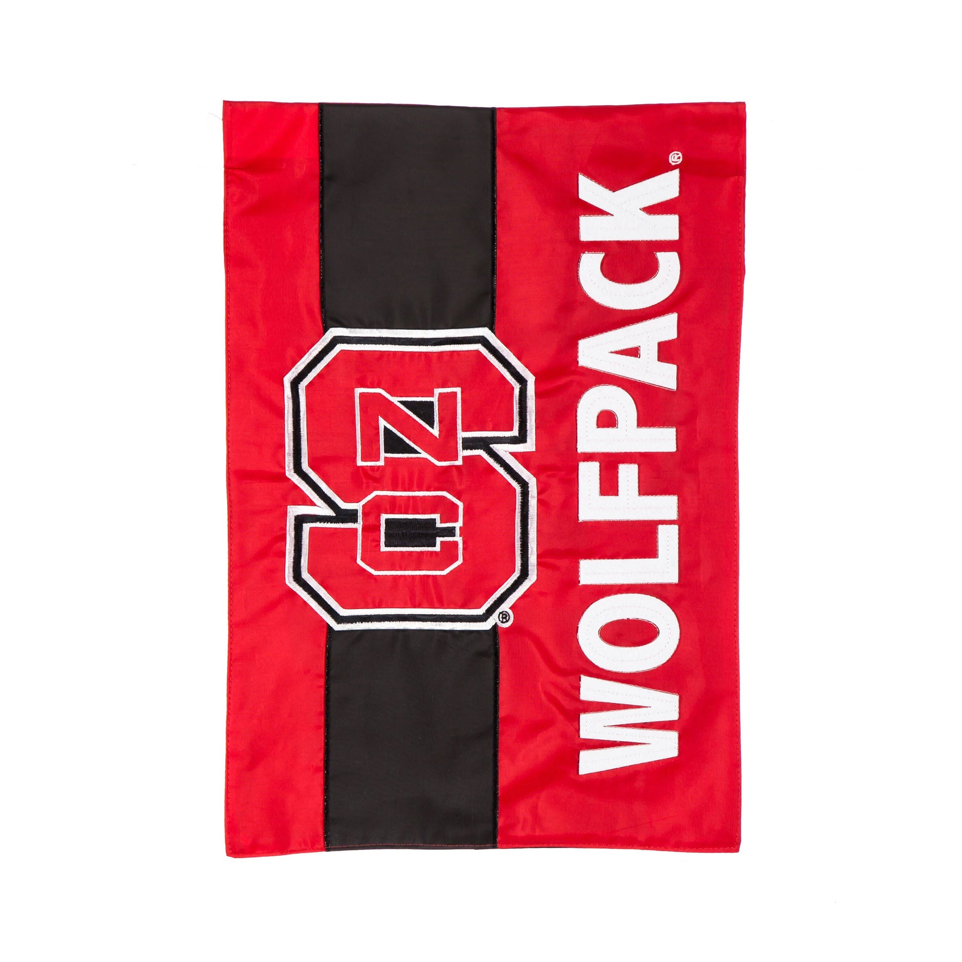 North Carolina State Embellished Garden Flag red with black stripe and white NC emblem applique on Tampa Home & Garden Store