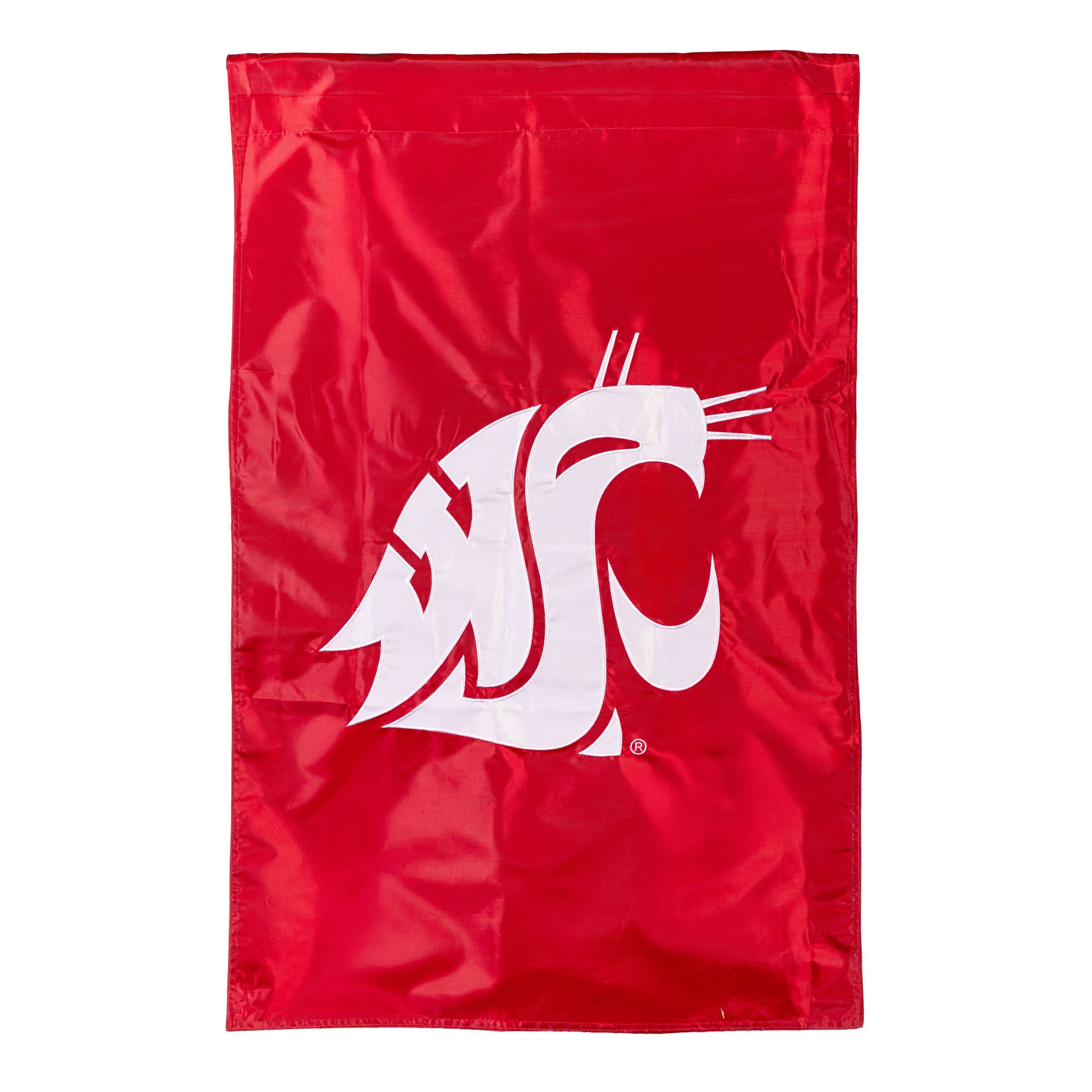Applique Flag red with white Washington State University logo Evergreen Enterprises flag banner on Tampa Home & Garden Store