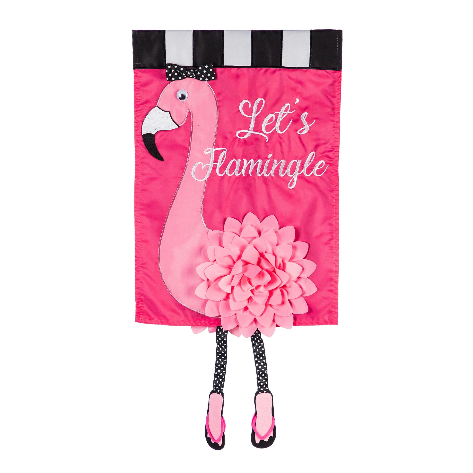 Let's Flamingle Garden Applique Flag with pink flamingo and black-and-white striped top on Tampa Home & Garden Store