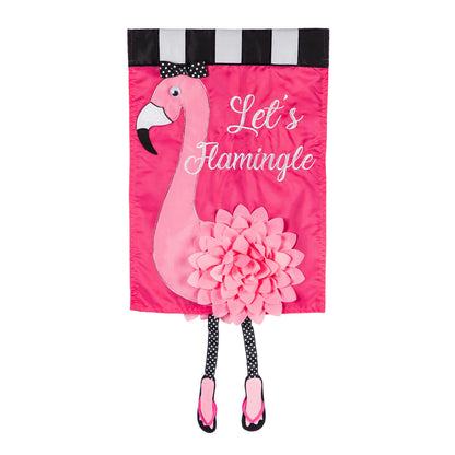 Let's Flamingle Garden Applique Flag with pink flamingo and black-and-white striped top on Tampa Home & Garden Store