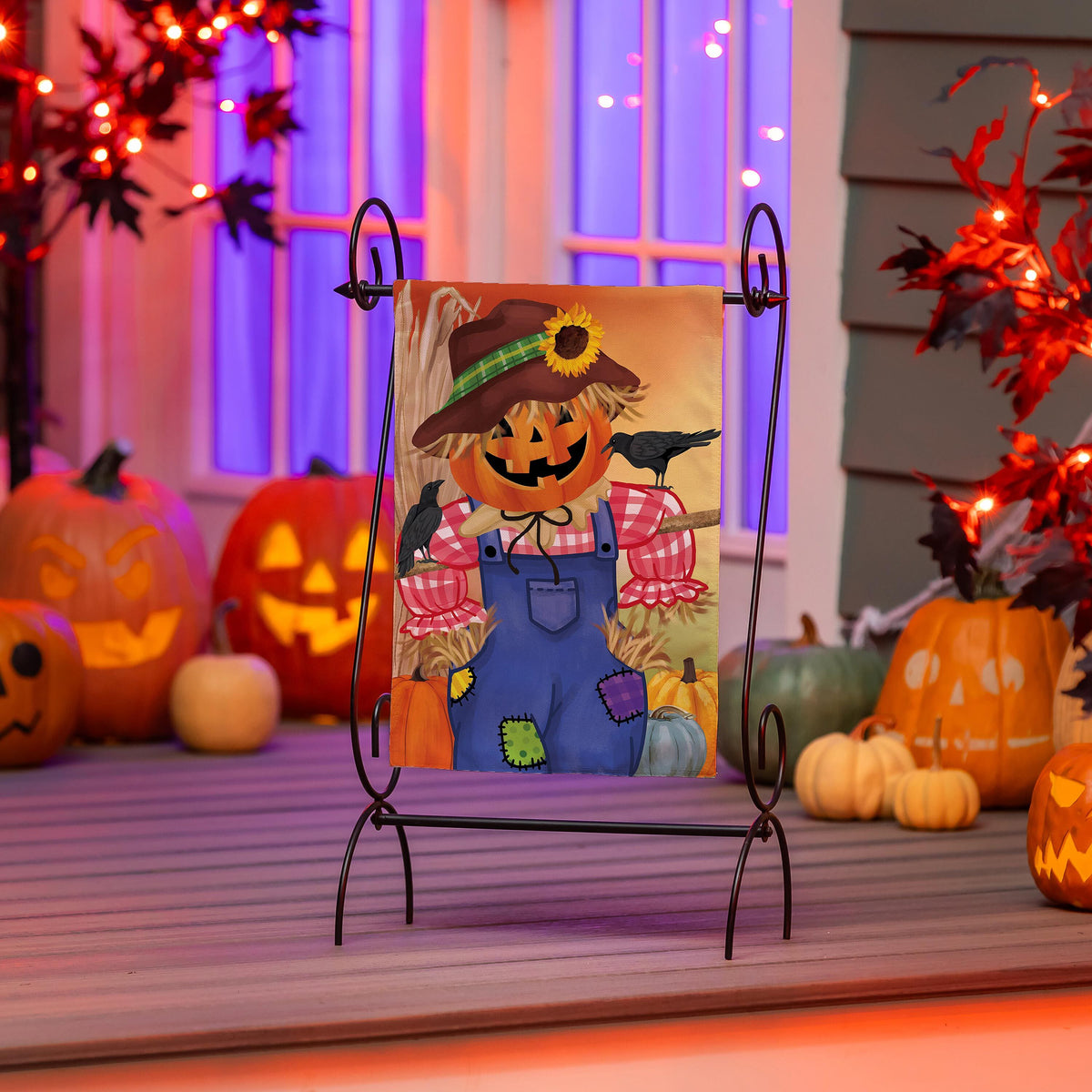 Jack The Scarecrow burlap garden flag on a metal stand with pumpkin patch scenery on Tampa Home & Garden Store