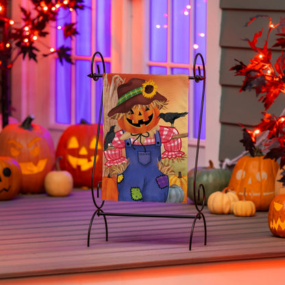 Jack The Scarecrow burlap garden flag on a metal stand with pumpkin patch scenery on Tampa Home & Garden Store