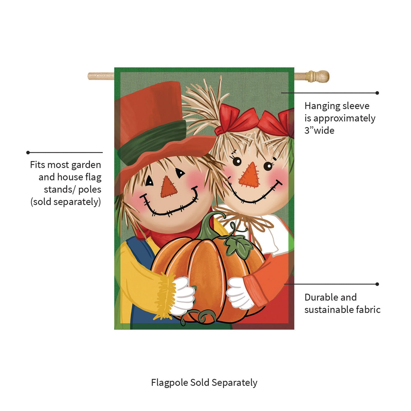 Couple Of Scarecrows Applique House Flag green backdrop with pumpkins and red bows Evergreen Enterprises on Tampa Home & Garden Store