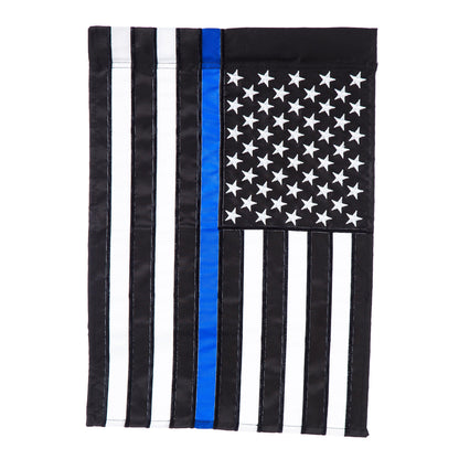 Thin Blue Line Garden Applique Flag with black-white vertical stripes, blue stripe and white stars on Tampa Home & Garden Store