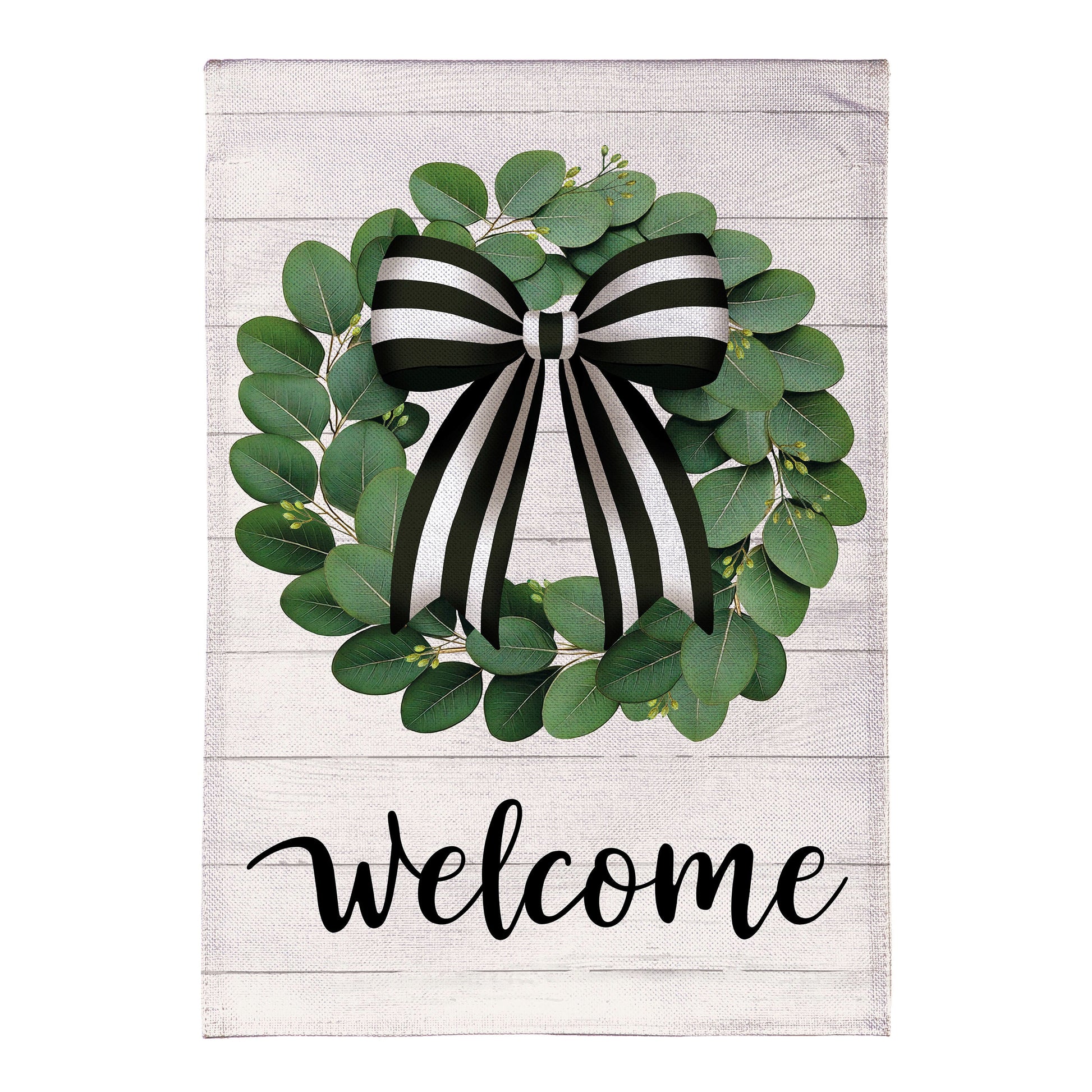 Eucalyptus Leaves Wreath Burlap House Flag with green leaves and bow Evergreen Enterprises on Tampa Home & Garden Store