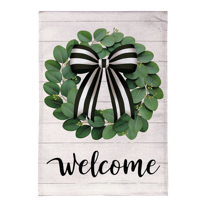 Eucalyptus Leaves Wreath Burlap House Flag with green leaves and bow Evergreen Enterprises on Tampa Home & Garden Store