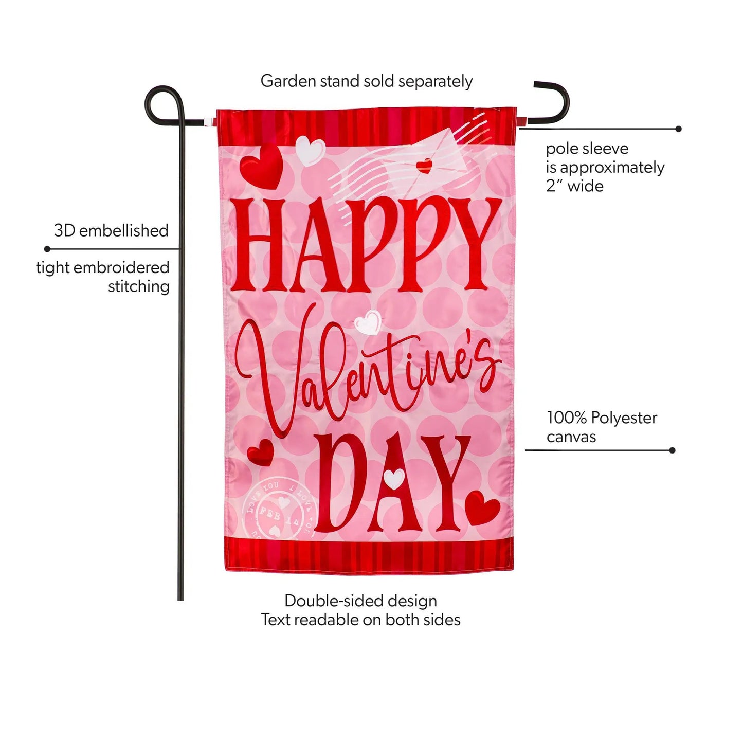 Happy Valentine's Day Hearts Applique Flag by Evergreen Enterprises pink hearts double-sided on Tampa Home & Garden Store