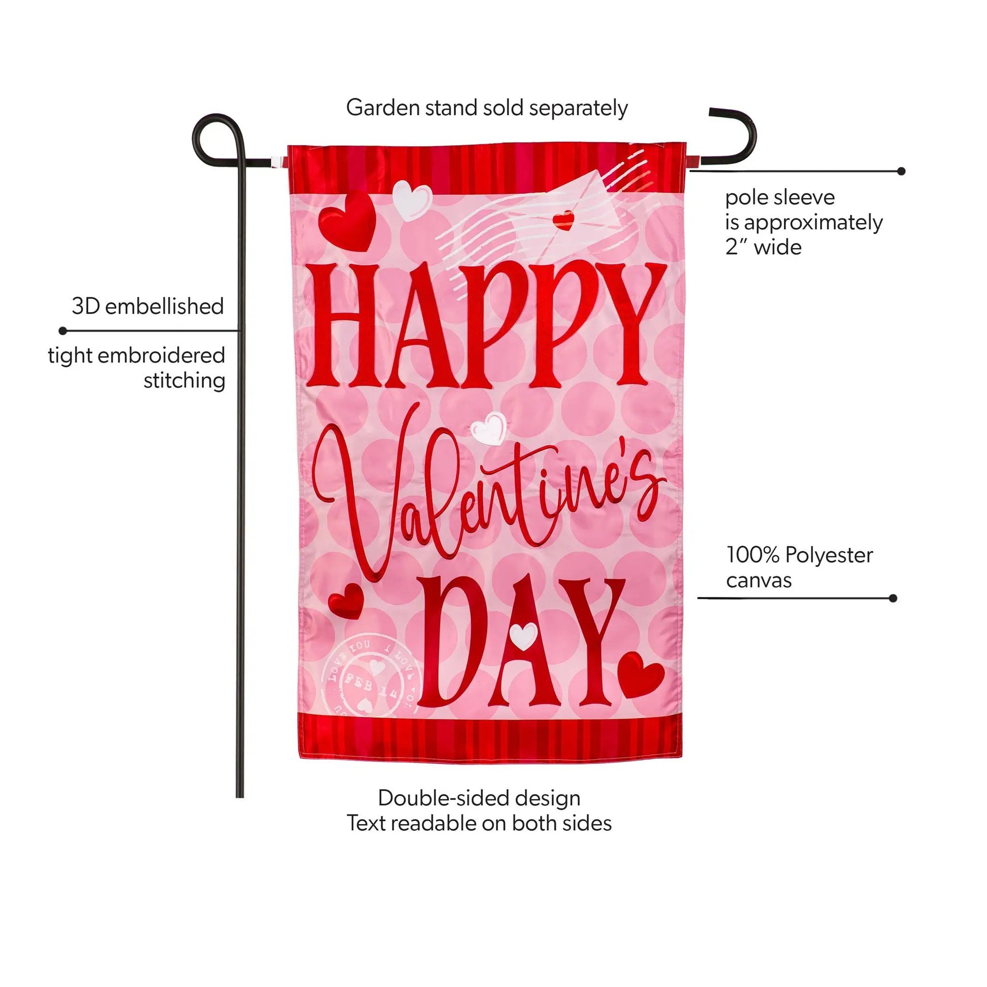 Happy Valentine's Day Hearts Applique Flag by Evergreen Enterprises pink hearts double-sided on Tampa Home & Garden Store