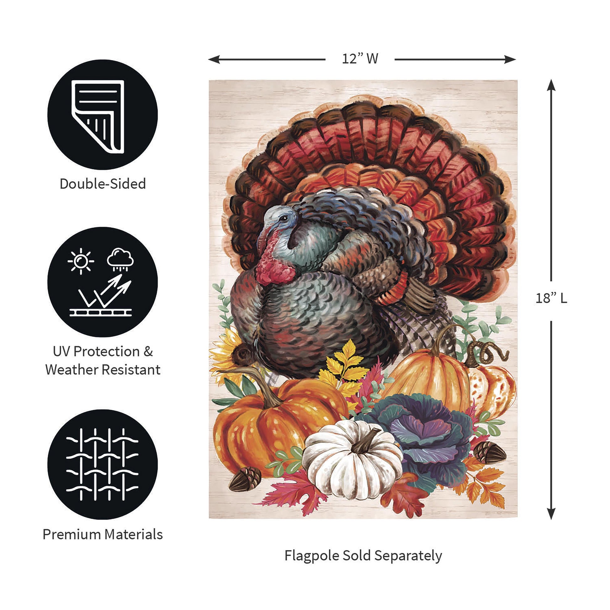 Elaborate Turkey Applique Garden Flag multicolor turkey on wood background, double-sided on Tampa Home & Garden Store