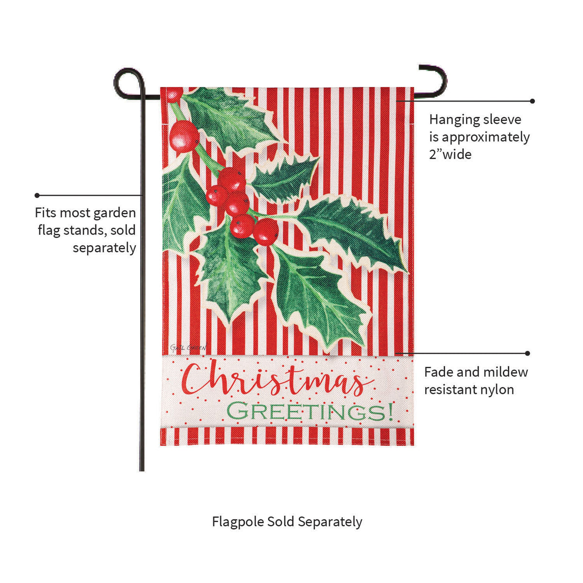 Christmas Greetings Burlap Garden Flag red striped with holly by Evergreen Enterprises on Tampa Home & Garden Store