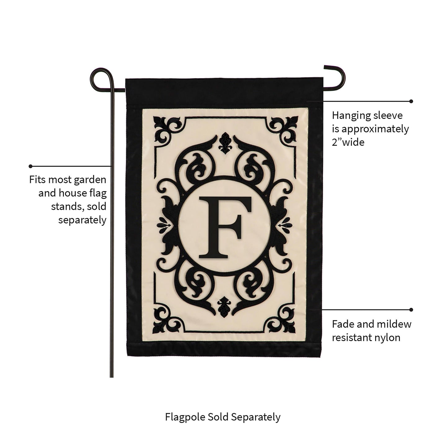 Cambridge Monogram Garden Applique Flag Letter F with beige and black border for flag stands on Tampa Home & Garden Store