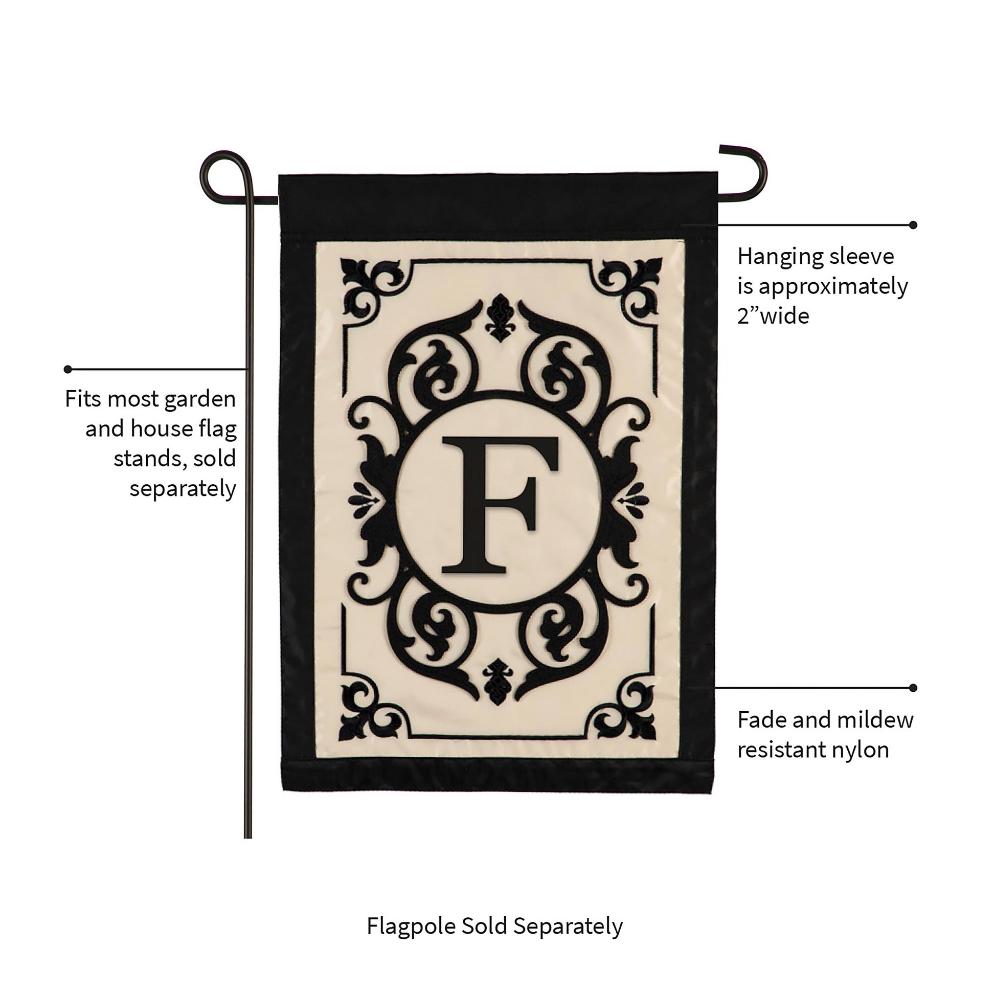 Cambridge Monogram Garden Applique Flag Letter F with beige and black border for flag stands on Tampa Home & Garden Store