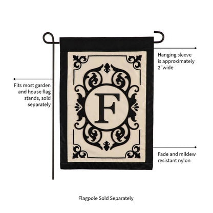 Cambridge Monogram Garden Applique Flag Letter F with beige and black border for flag stands on Tampa Home & Garden Store