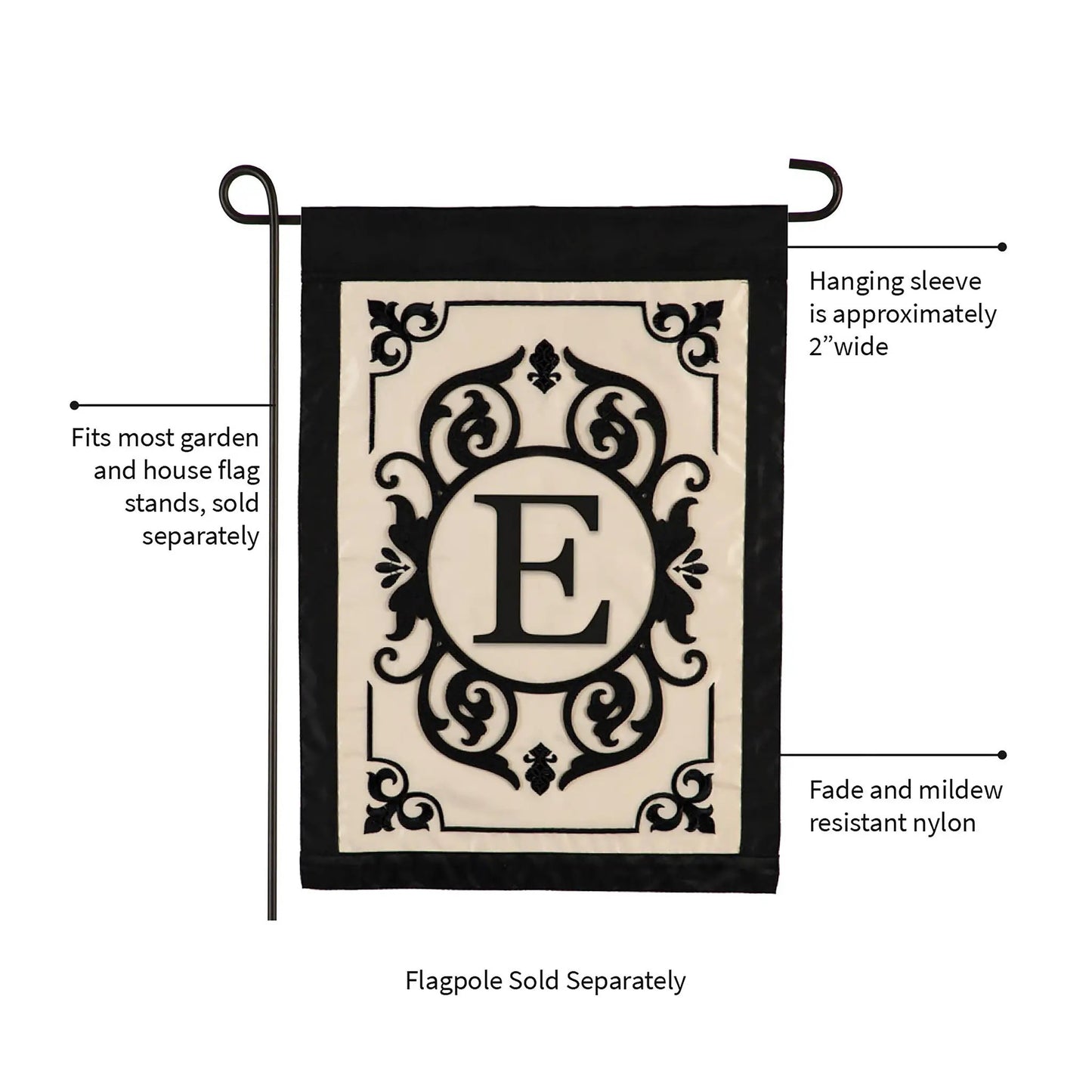 Cambridge Monogram Garden Flag Letter E by Evergreen Enterprises beige panel with black frame on Tampa Home & Garden Store