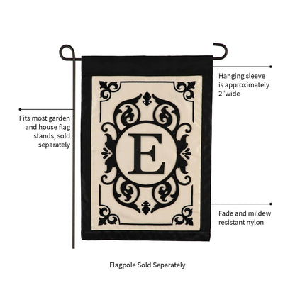Cambridge Monogram Garden Flag Letter E by Evergreen Enterprises beige panel with black frame on Tampa Home & Garden Store