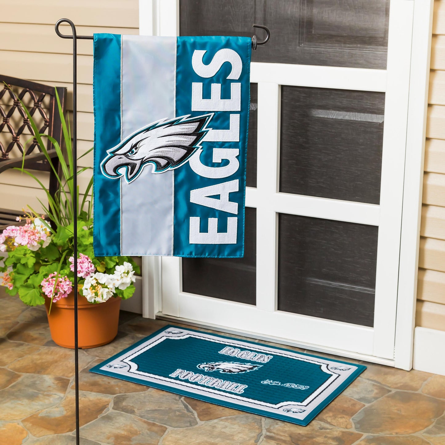 Philadelphia Eagles Embellished Garden Flag teal applique with white lettering and eagle logo on Tampa Home & Garden Store