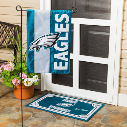 Philadelphia Eagles Embellished Garden Flag teal applique with white lettering and eagle logo on Tampa Home & Garden Store
