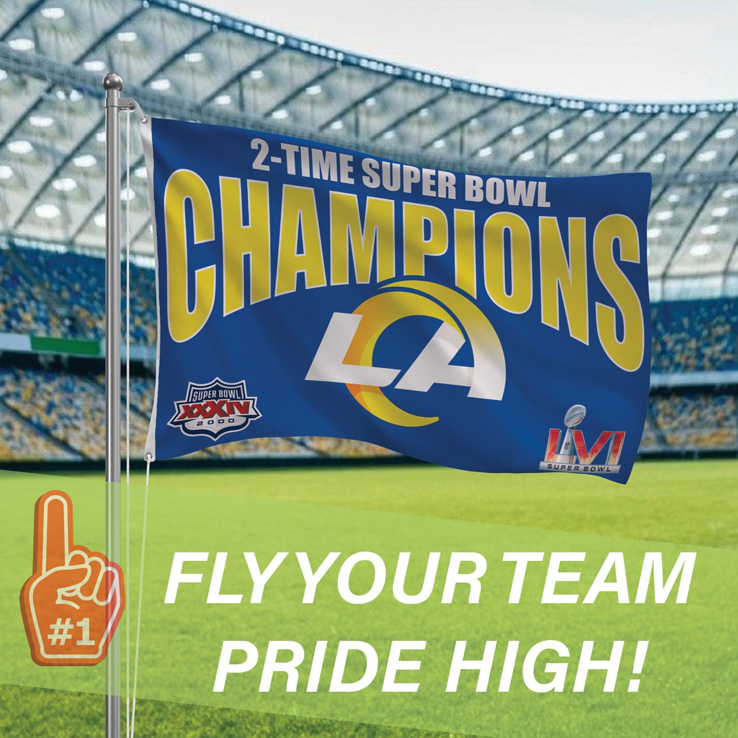 LA Rams 3x5 sublimated flag by Evergreen Enterprises celebrating 2-time Super Bowl Champions on Tampa Home & Garden Store