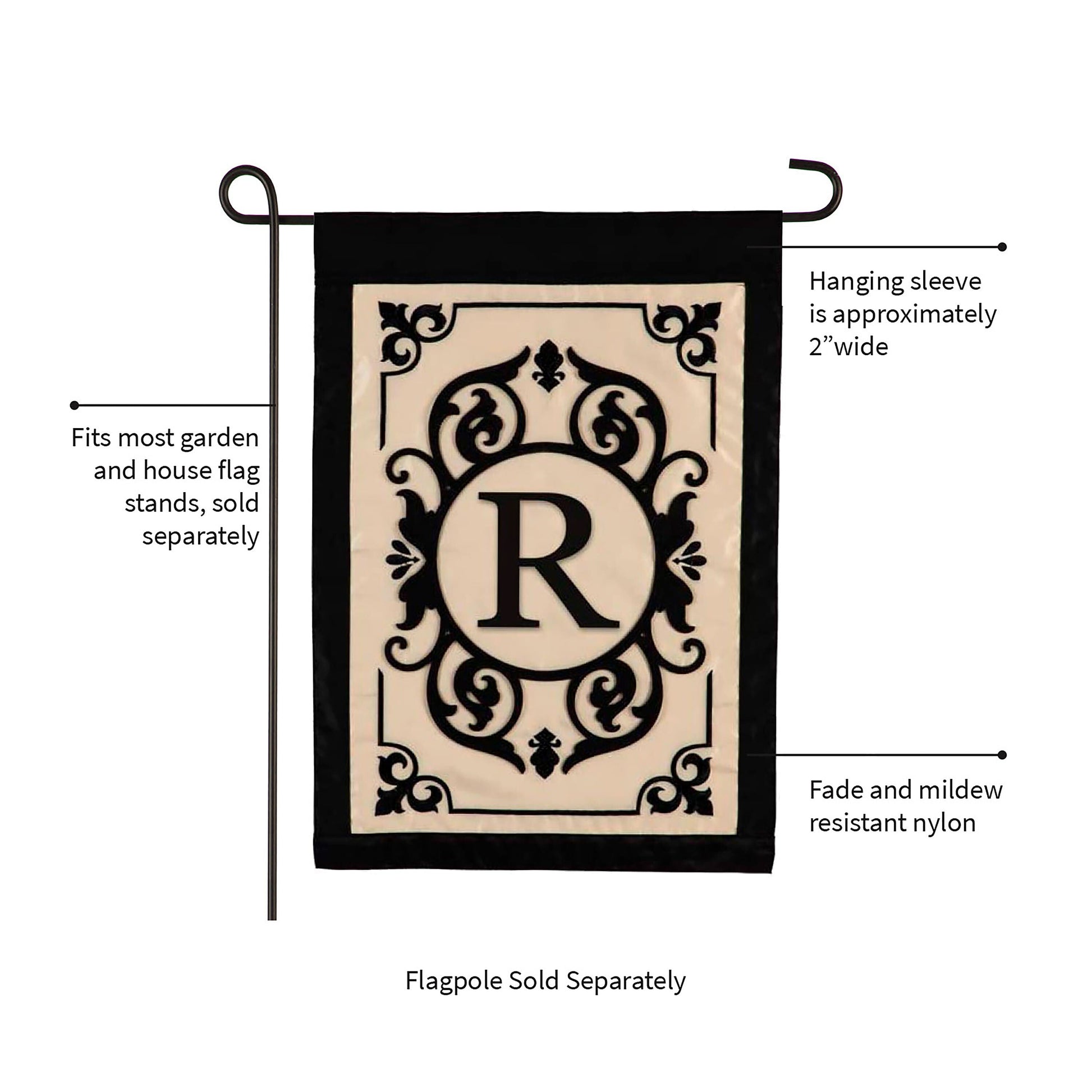 Cambridge Monogram Garden Applique Flag R with black border cream panel; mildew-resistant nylon on Tampa Home & Garden Store