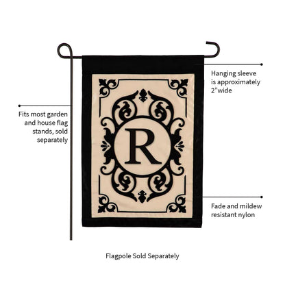 Cambridge Monogram Garden Applique Flag R with black border cream panel; mildew-resistant nylon on Tampa Home & Garden Store