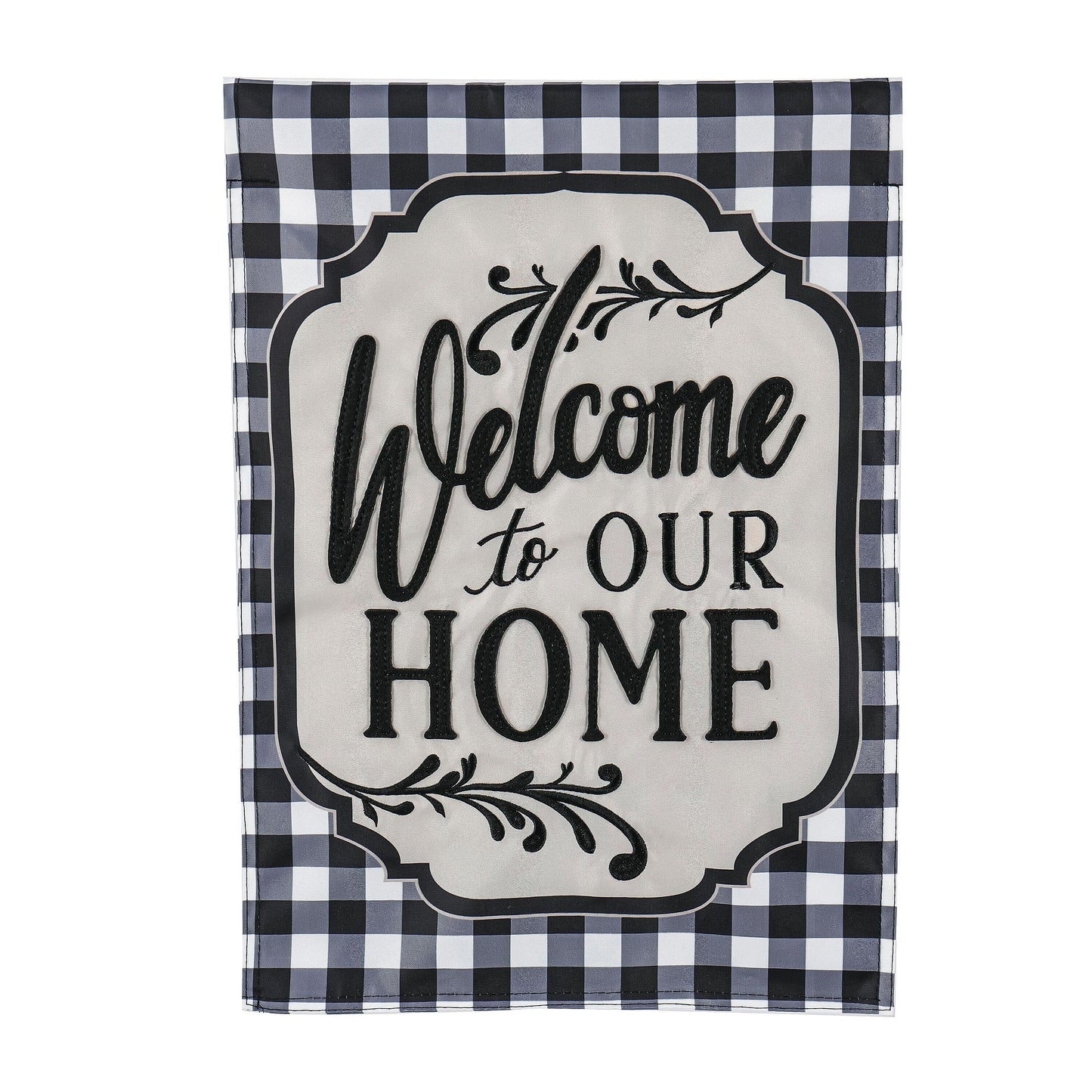 Applique flag Classic Welcome Home garden flag by Evergreen Enterprises with navy gingham border on Tampa Home & Garden Store