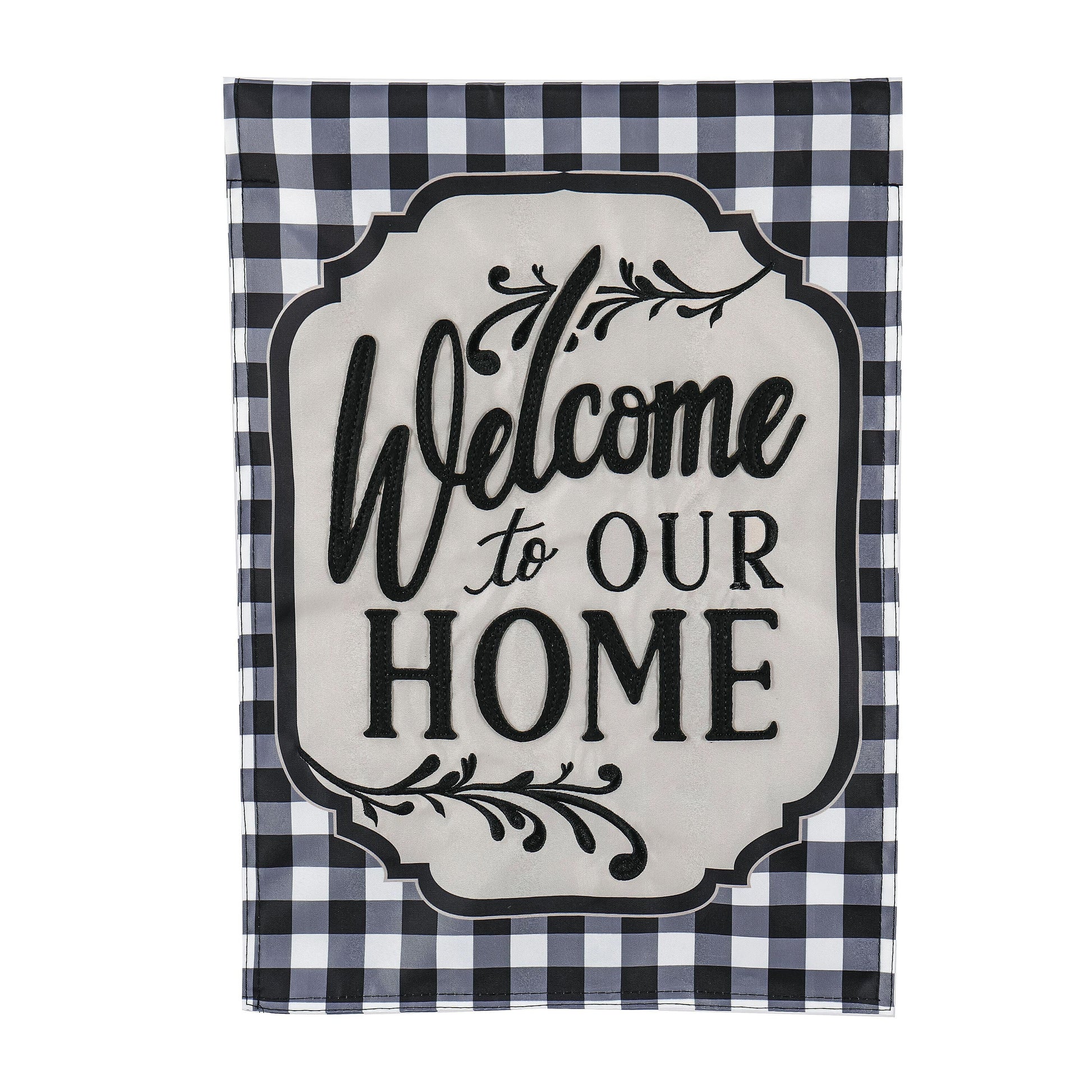 Applique flag Classic Welcome Home garden flag by Evergreen Enterprises with navy gingham border on Tampa Home & Garden Store