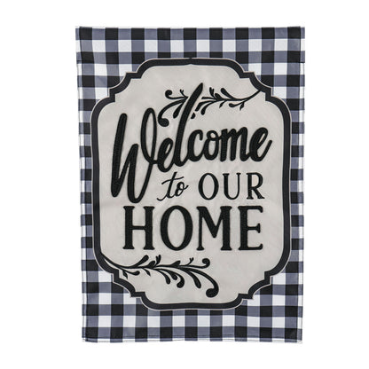 Applique flag Classic Welcome Home garden flag by Evergreen Enterprises with navy gingham border on Tampa Home & Garden Store