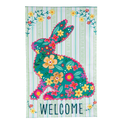 Floral Bunny Applique Flag bright colors teal bunny on pastel stripes Evergreen Enterprises on Tampa Home & Garden Store