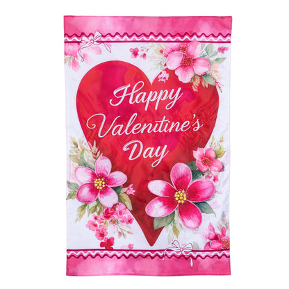 Happy Valentine’s Day Heart Applique House Flag pink flowers Evergreen Enterprises 1 flag on Tampa Home & Garden Store